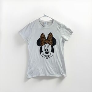 Disney Minnie Mouse Leopard Bow‎ Graphic Tee Women's Small White Classic Fit
